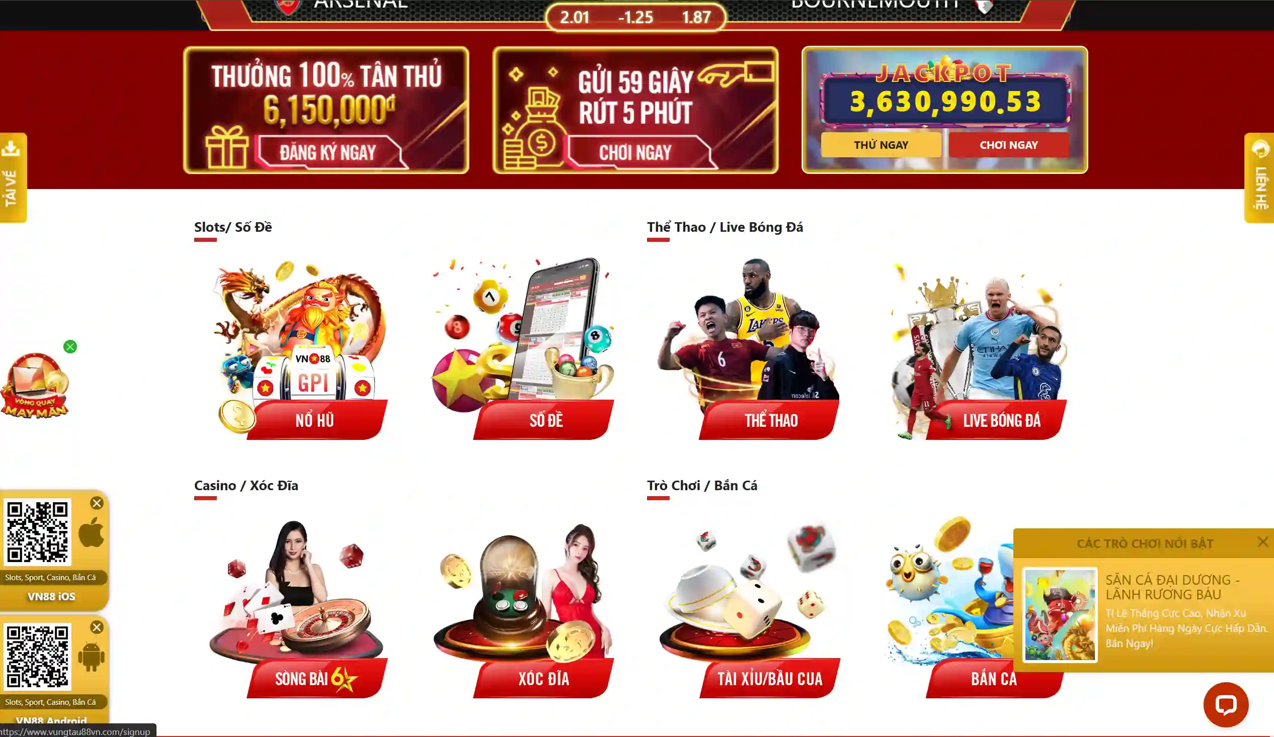 Giao diện trang chủ của nhà cái VN88